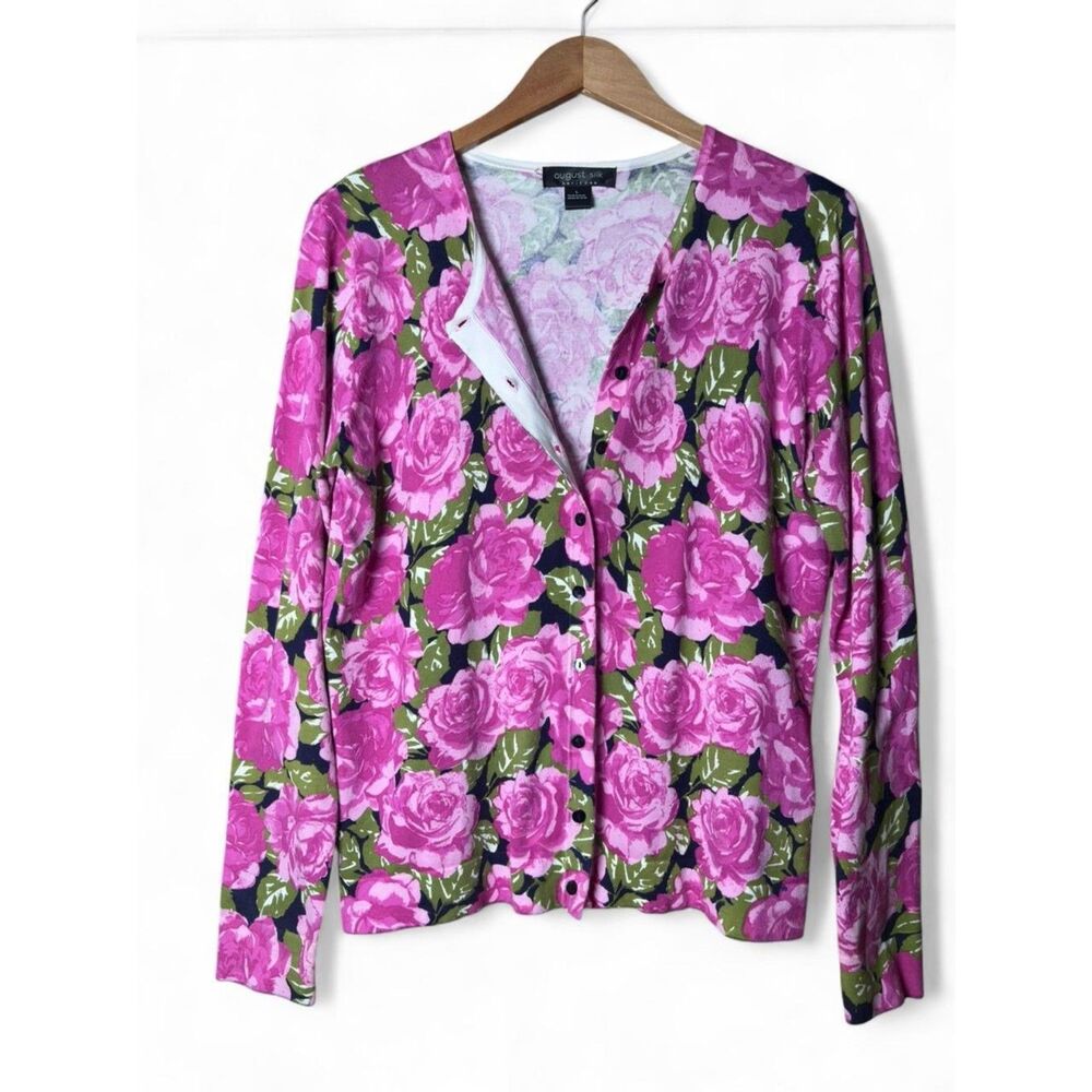 y2K Vintage August Silk Graphic Pink Rose Floral Stretch Knit Cardigan Size L
